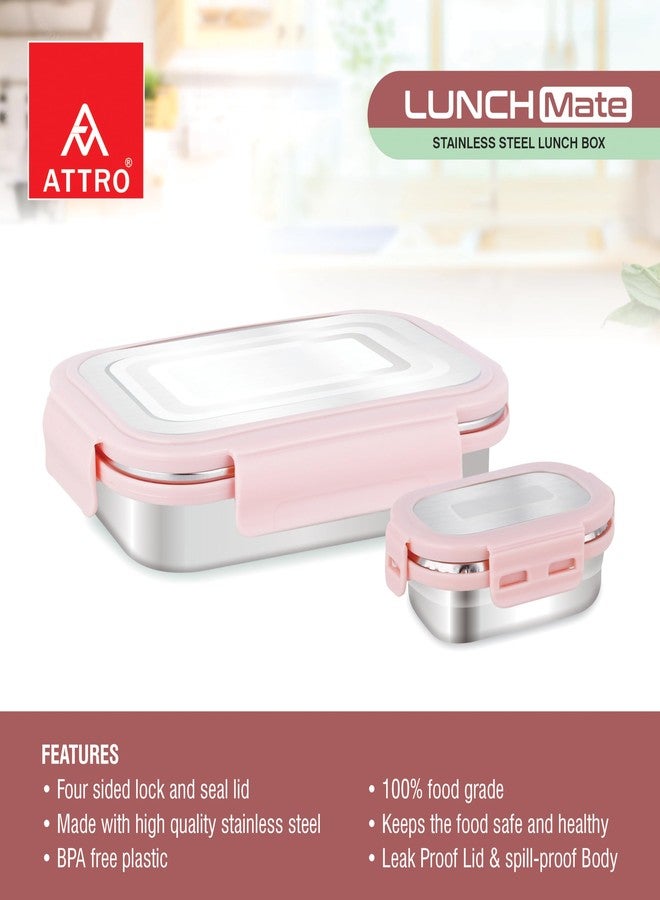 ATTRO Lunchmate Stainless Steel Lunch Box with 1 Small Container Airtight Spill-Proof BPA Free Food Grade Ideal for Office, School, Picnic, 800ml+180ml- Peach - Image 2